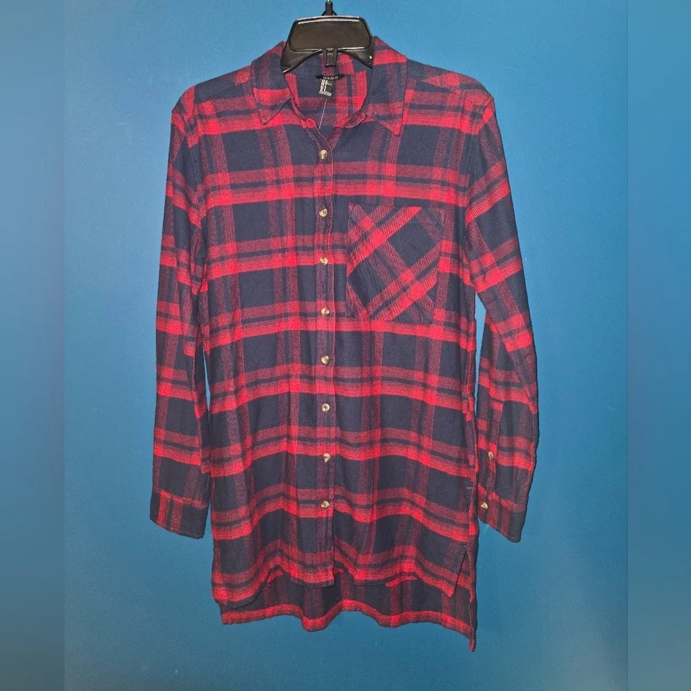 NWT! Forever 21 Navy & Red Plaid Button Down Shirt dress, Size Small, CABINCORE - Picture 3 of 11